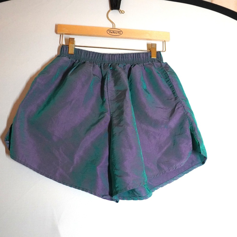 VTG 80s Body Wrappers Iridescent Teal Purple Nylon Athletic Dance Shorts XS Rave